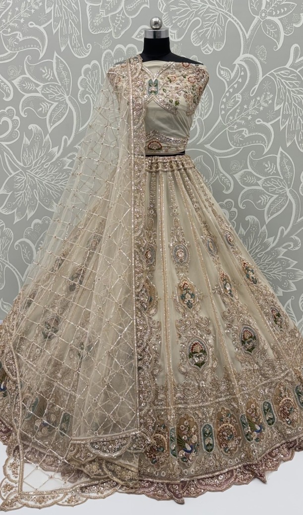 Beige Net Golden Beads ,Multi-color Thread, Sequin Handwork Semi-Stitched Lehenga Choli